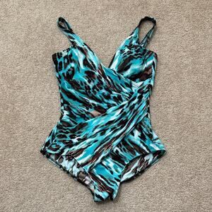 Miraclesuit Wireless Turquoise and Brown Animal Print Ruched Swimsuit Size 12